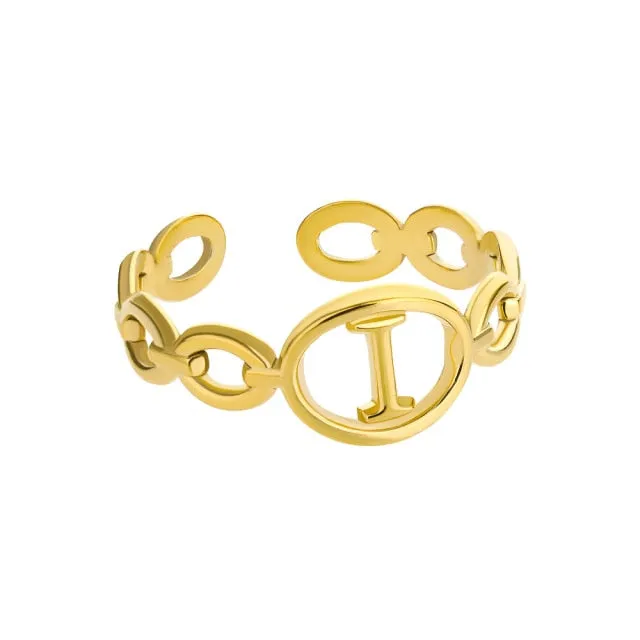 Hollow Initial Letter Rings For Women Stainless Steel Gold Cuban Link Adjustable Couple Female Ring Valentine Boho Jewelry Gift|Rings|