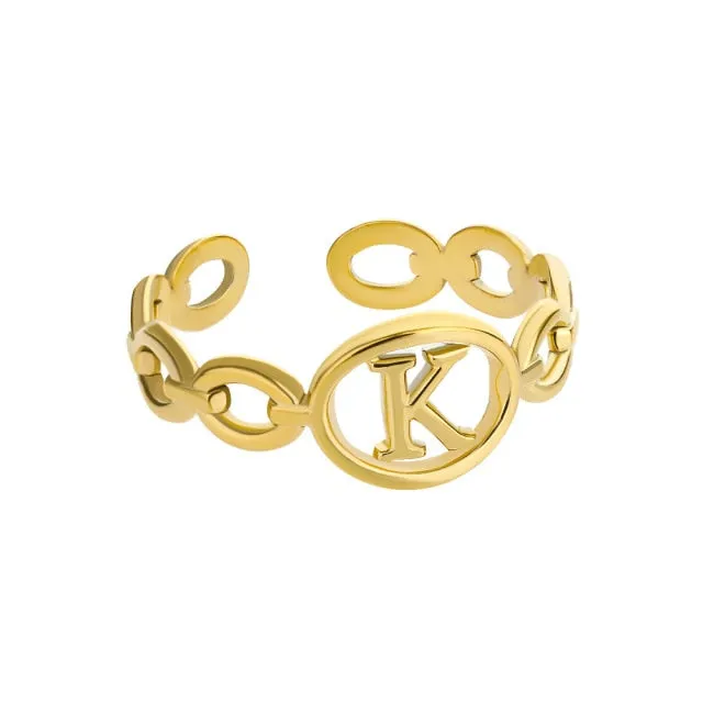 Hollow Initial Letter Rings For Women Stainless Steel Gold Cuban Link Adjustable Couple Female Ring Valentine Boho Jewelry Gift|Rings|