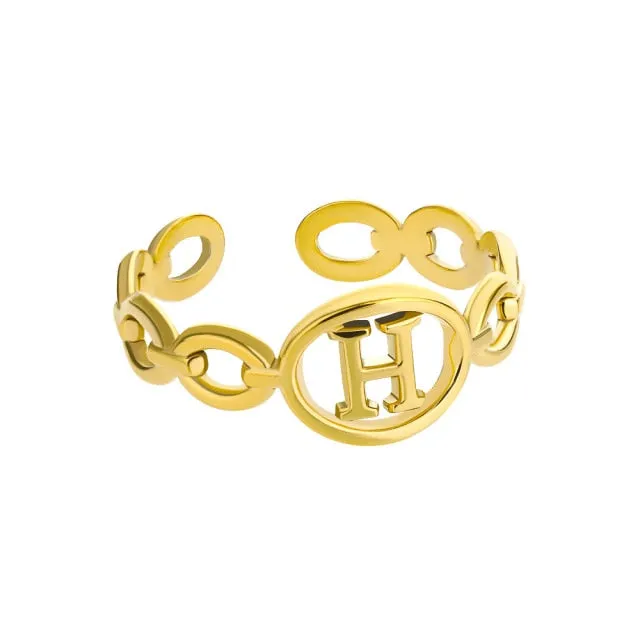 Hollow Initial Letter Rings For Women Stainless Steel Gold Cuban Link Adjustable Couple Female Ring Valentine Boho Jewelry Gift|Rings|