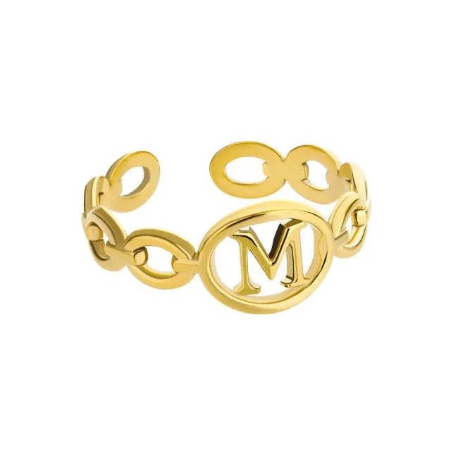 Hollow Initial Letter Rings For Women Stainless Steel Gold Cuban Link Adjustable Couple Female Ring Valentine Boho Jewelry Gift|Rings|