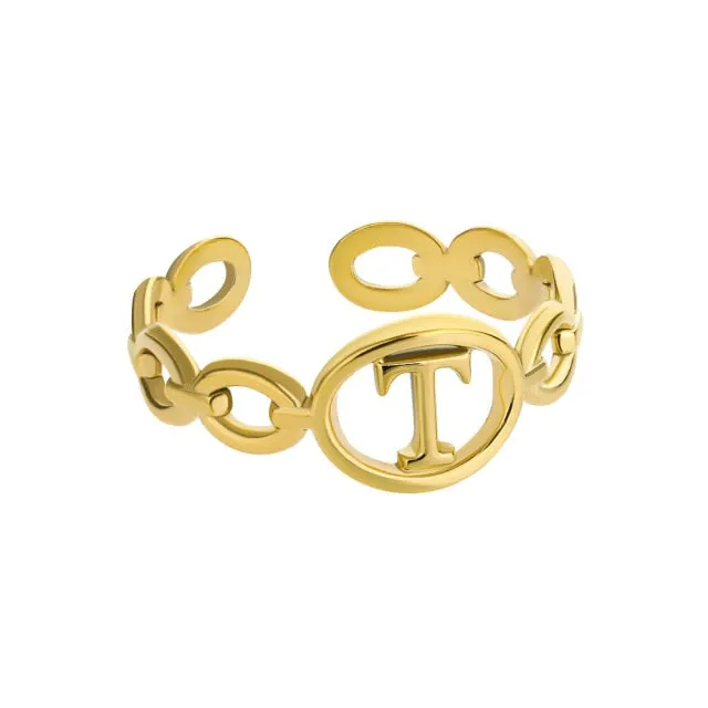 Hollow Initial Letter Rings For Women Stainless Steel Gold Cuban Link Adjustable Couple Female Ring Valentine Boho Jewelry Gift|Rings|