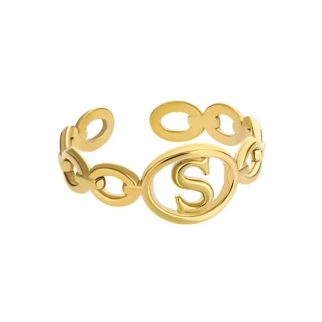 Hollow Initial Letter Rings For Women Stainless Steel Gold Cuban Link Adjustable Couple Female Ring Valentine Boho Jewelry Gift|Rings|