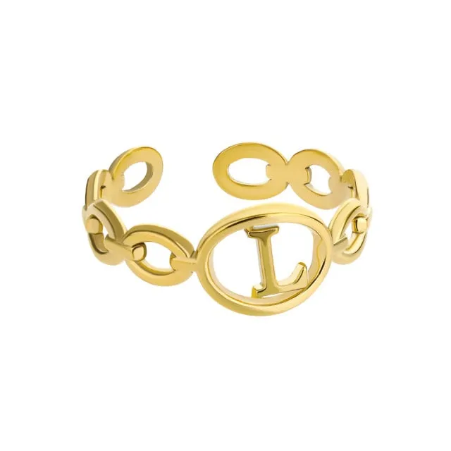 Hollow Initial Letter Rings For Women Stainless Steel Gold Cuban Link Adjustable Couple Female Ring Valentine Boho Jewelry Gift|Rings|
