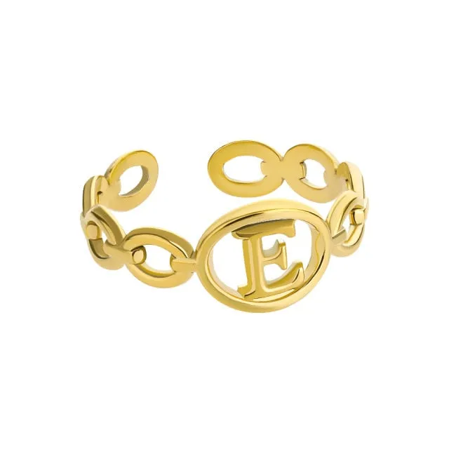 Hollow Initial Letter Rings For Women Stainless Steel Gold Cuban Link Adjustable Couple Female Ring Valentine Boho Jewelry Gift|Rings|