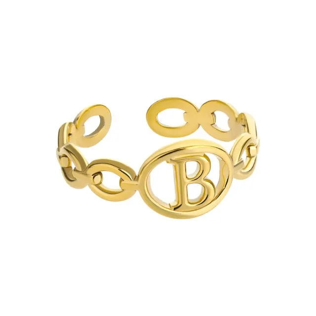 Hollow Initial Letter Rings For Women Stainless Steel Gold Cuban Link Adjustable Couple Female Ring Valentine Boho Jewelry Gift|Rings|