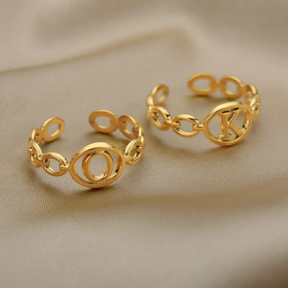 Hollow Initial Letter Rings For Women Stainless Steel Gold Cuban Link Adjustable Couple Female Ring Valentine Boho Jewelry Gift|Rings|