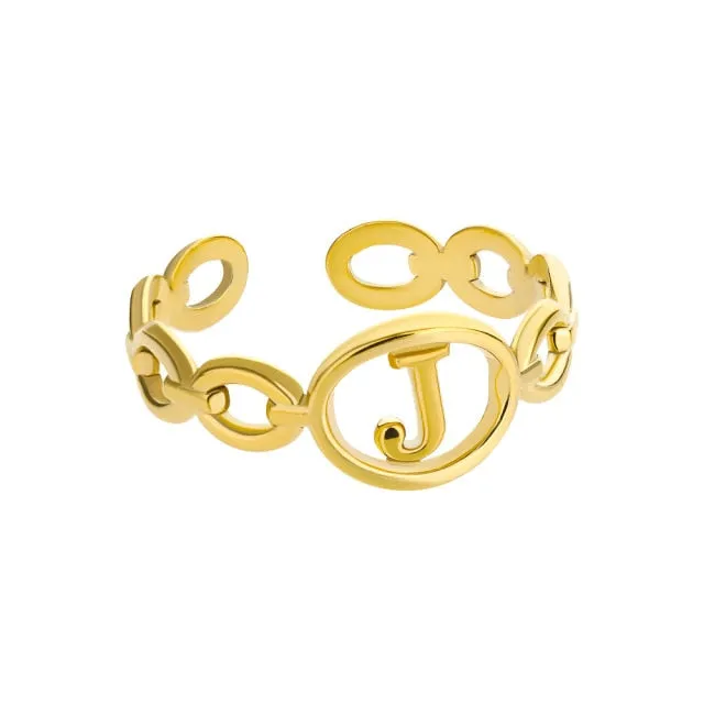 Hollow Initial Letter Rings For Women Stainless Steel Gold Cuban Link Adjustable Couple Female Ring Valentine Boho Jewelry Gift|Rings|