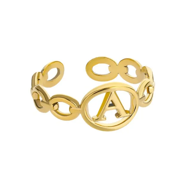 Hollow Initial Letter Rings For Women Stainless Steel Gold Cuban Link Adjustable Couple Female Ring Valentine Boho Jewelry Gift|Rings|