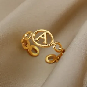 Hollow Initial Letter Rings For Women Stainless Steel Gold Cuban Link Adjustable Couple Female Ring Valentine Boho Jewelry Gift|Rings|