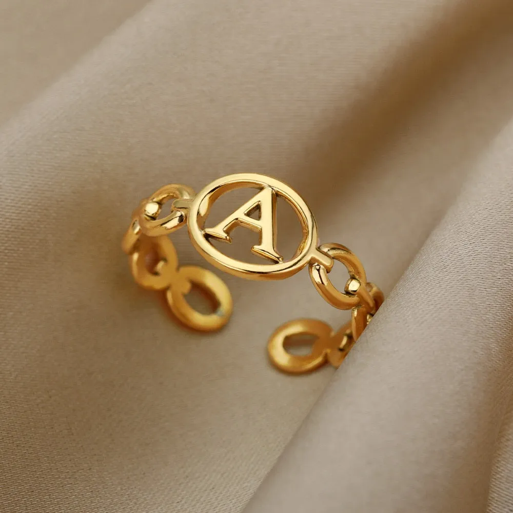 Hollow Initial Letter Rings For Women Stainless Steel Gold Cuban Link Adjustable Couple Female Ring Valentine Boho Jewelry Gift|Rings|
