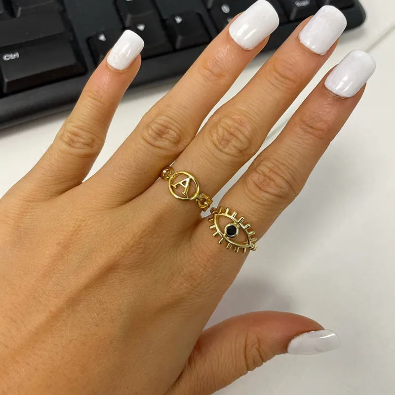 Hollow Initial Letter Rings For Women Stainless Steel Gold Cuban Link Adjustable Couple Female Ring Valentine Boho Jewelry Gift|Rings|