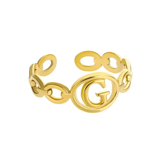 Hollow Initial Letter Rings For Women Stainless Steel Gold Cuban Link Adjustable Couple Female Ring Valentine Boho Jewelry Gift|Rings|
