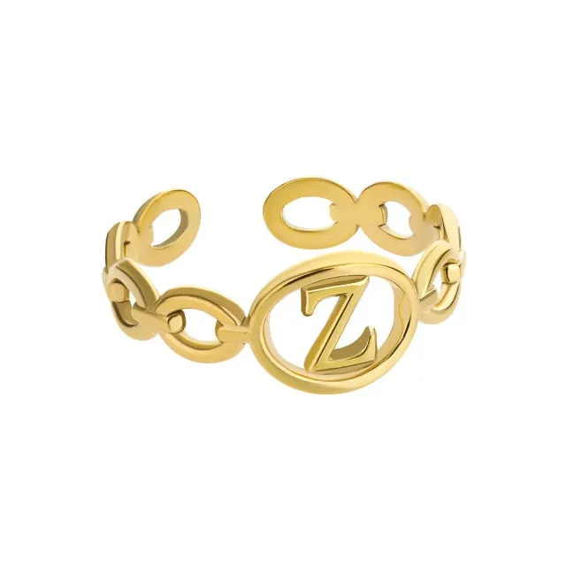 Hollow Initial Letter Rings For Women Stainless Steel Gold Cuban Link Adjustable Couple Female Ring Valentine Boho Jewelry Gift|Rings|