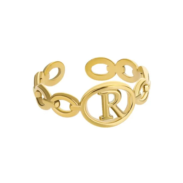 Hollow Initial Letter Rings For Women Stainless Steel Gold Cuban Link Adjustable Couple Female Ring Valentine Boho Jewelry Gift|Rings|