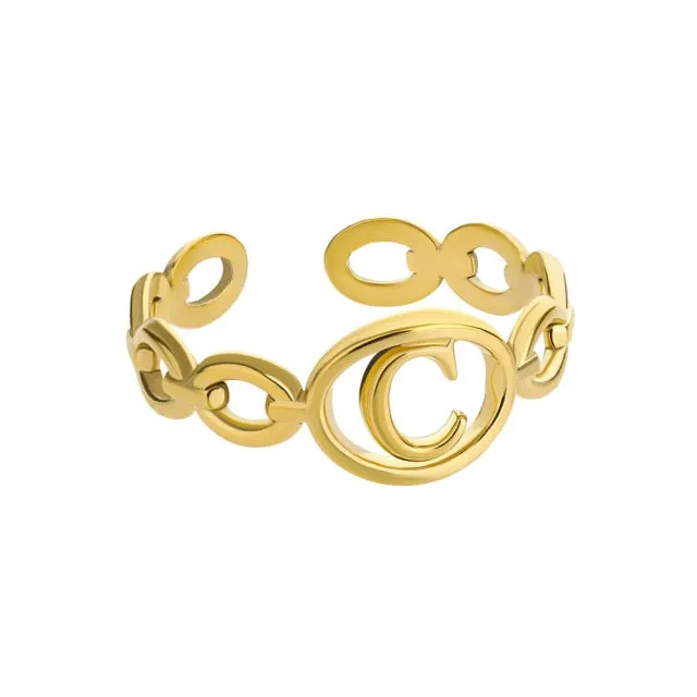 Hollow Initial Letter Rings For Women Stainless Steel Gold Cuban Link Adjustable Couple Female Ring Valentine Boho Jewelry Gift|Rings|