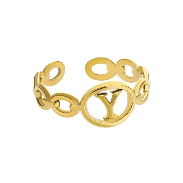 Hollow Initial Letter Rings For Women Stainless Steel Gold Cuban Link Adjustable Couple Female Ring Valentine Boho Jewelry Gift|Rings|