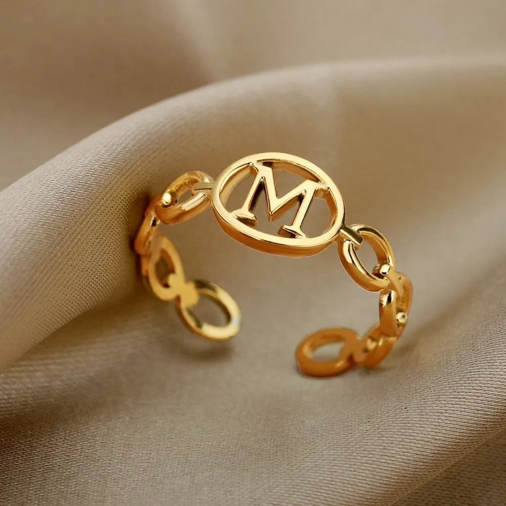 Hollow Initial Letter Rings For Women Stainless Steel Gold Cuban Link Adjustable Couple Female Ring Valentine Boho Jewelry Gift|Rings|