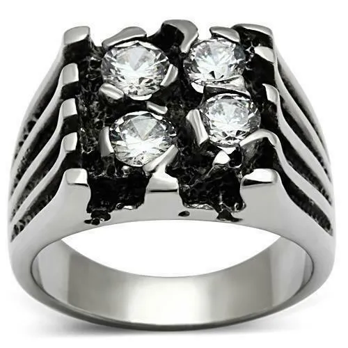 Jewellery Kingdom Silver Signet Chunky Stainless Steel 3CT Pinky Bling Mens Cubic Zirconia Ring