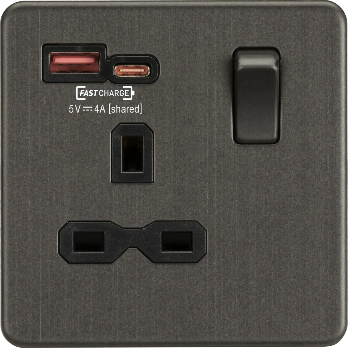 Knightsbridge Screwless 13A 1 Gang Switched Socket Dual USB A C Smoked Bronze
