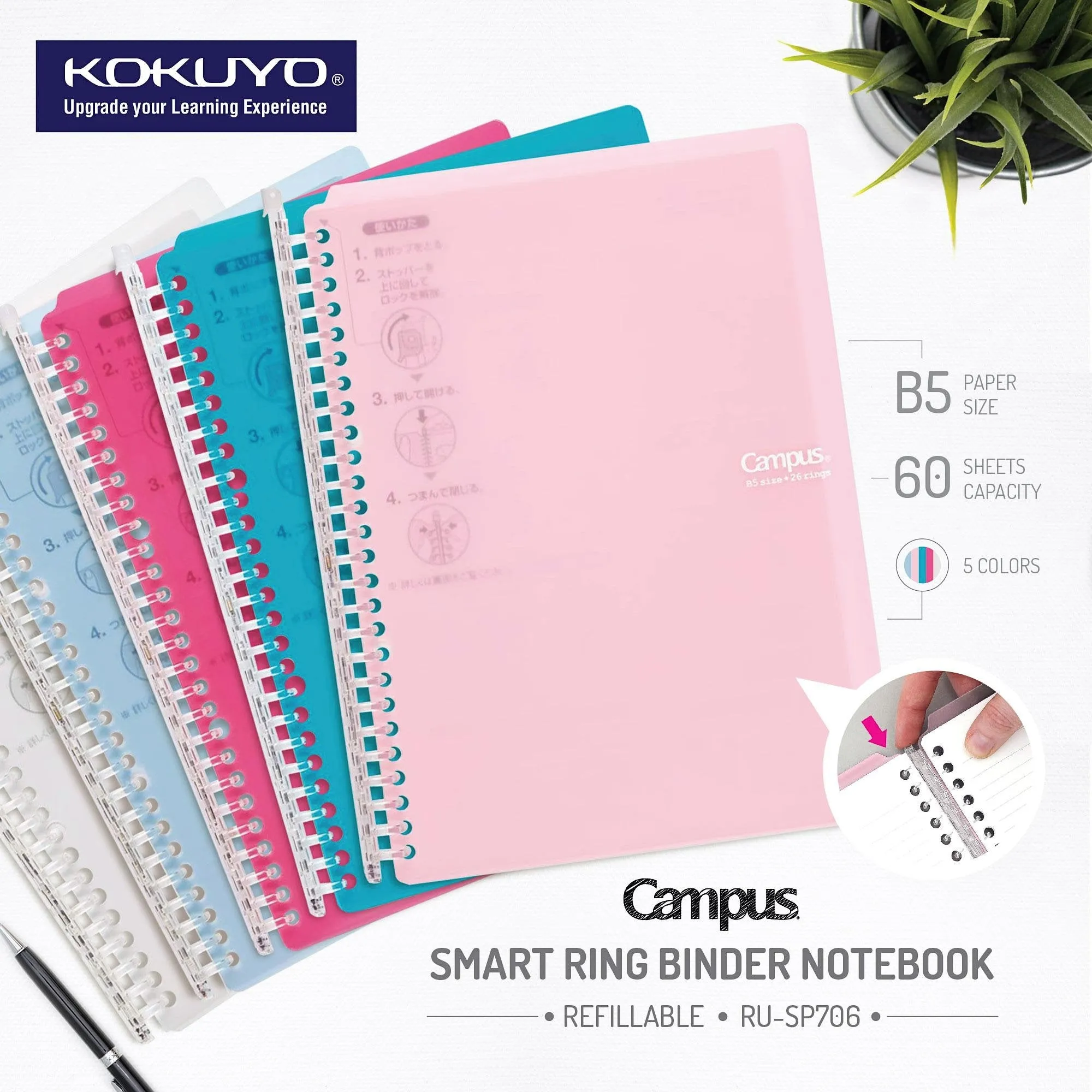 Kokuyo B5 Campus LIGHT PINK B5 Smart Ring Binder Notebook Sp706 26 Rings "Lay Flat" | 60 Sheets