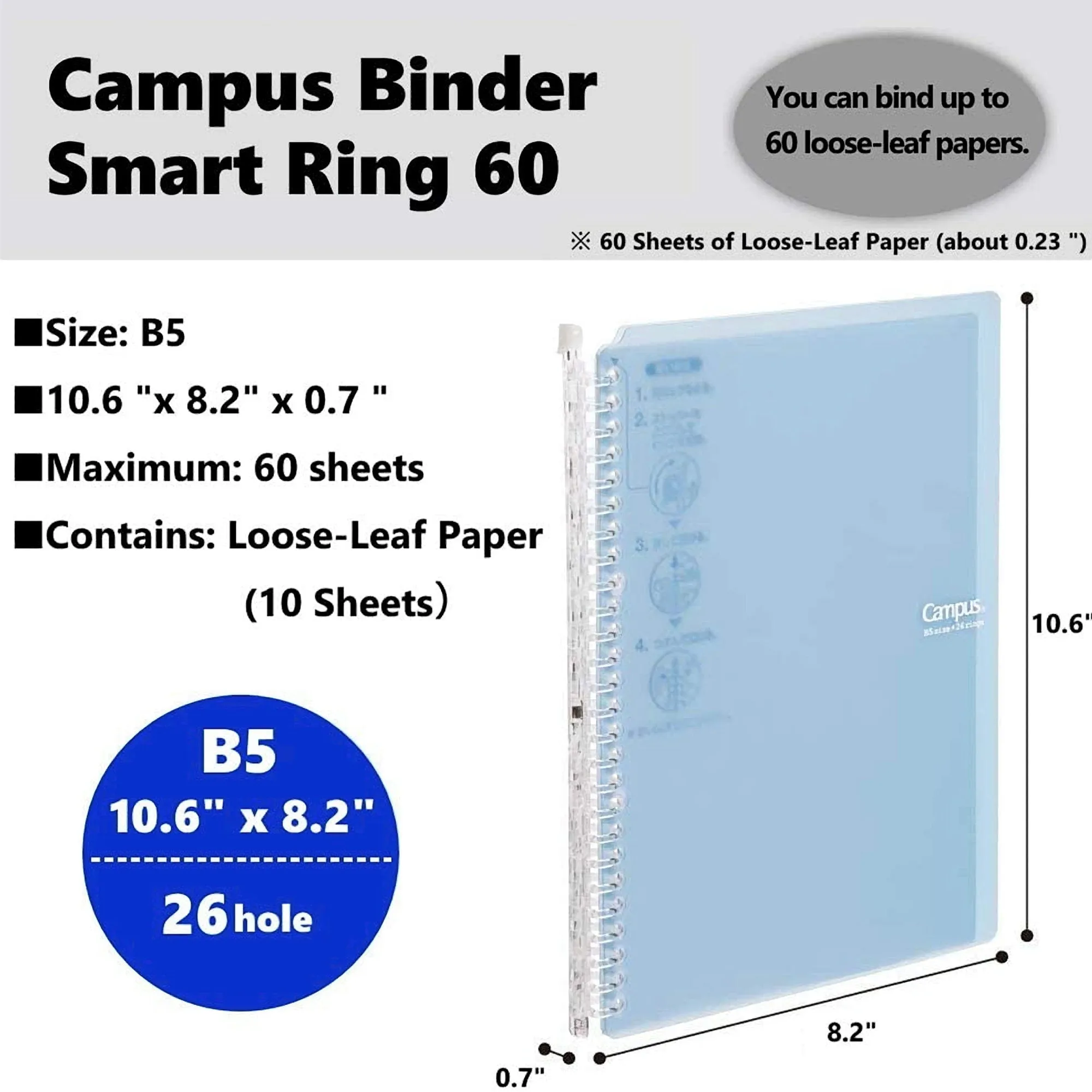 Kokuyo B5 Campus LIGHT PINK B5 Smart Ring Binder Notebook Sp706 26 Rings "Lay Flat" | 60 Sheets