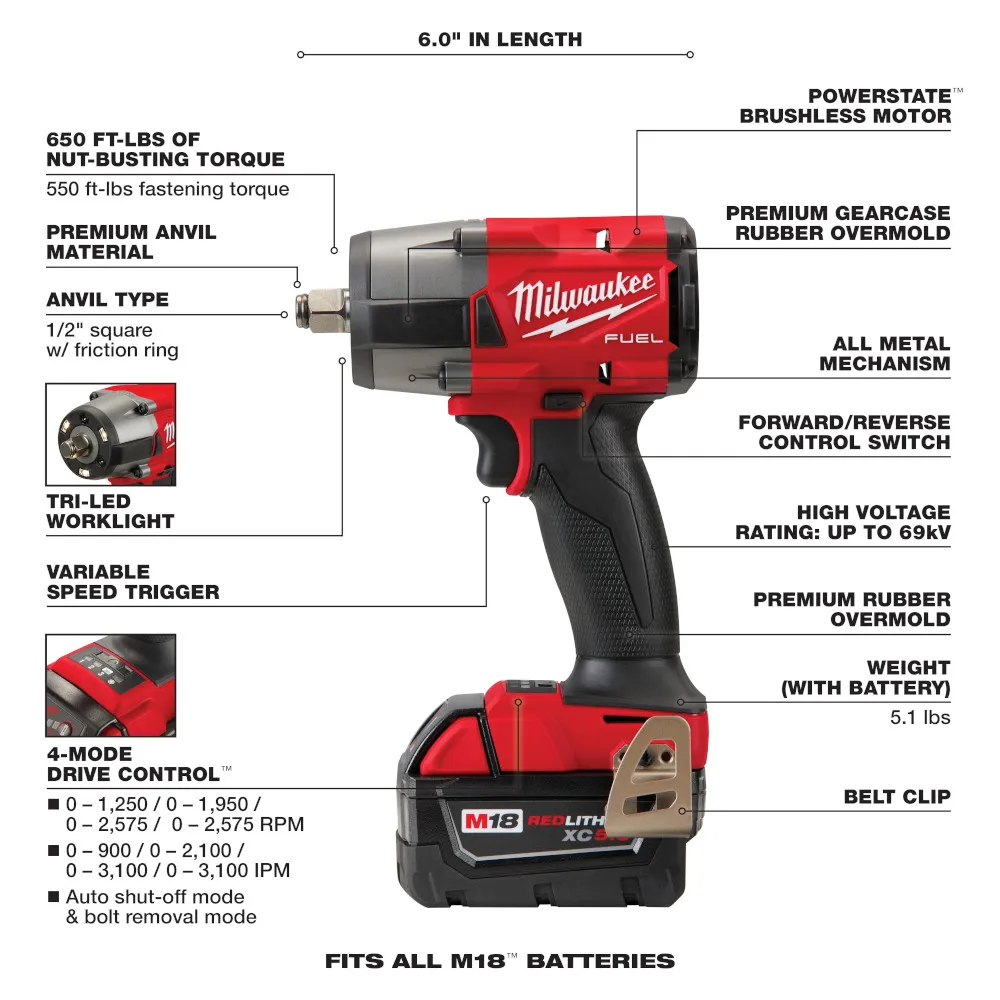 Milwaukee M18 Fuel 1/2 Mid-Torque Impact Wrench with Friction Ring Kit