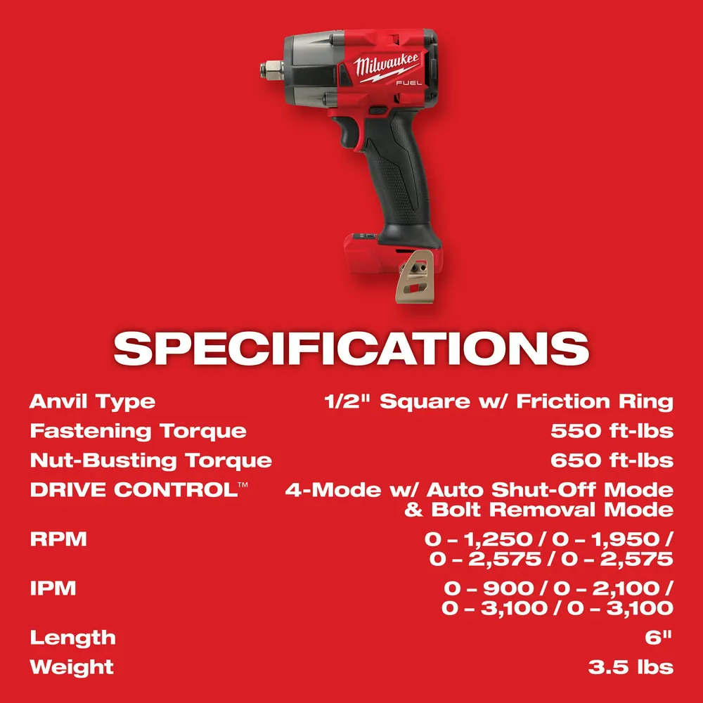 Milwaukee M18 Fuel 1/2" Mid-Torque Impact Wrench with Friction Ring Kit