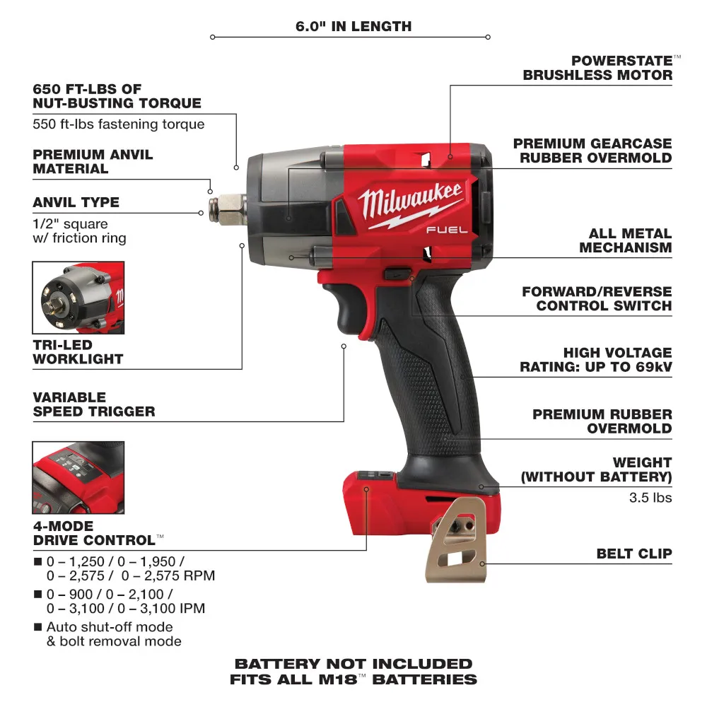 Milwaukee M18 Fuel 1/2" Mid-Torque Impact Wrench with Friction Ring
