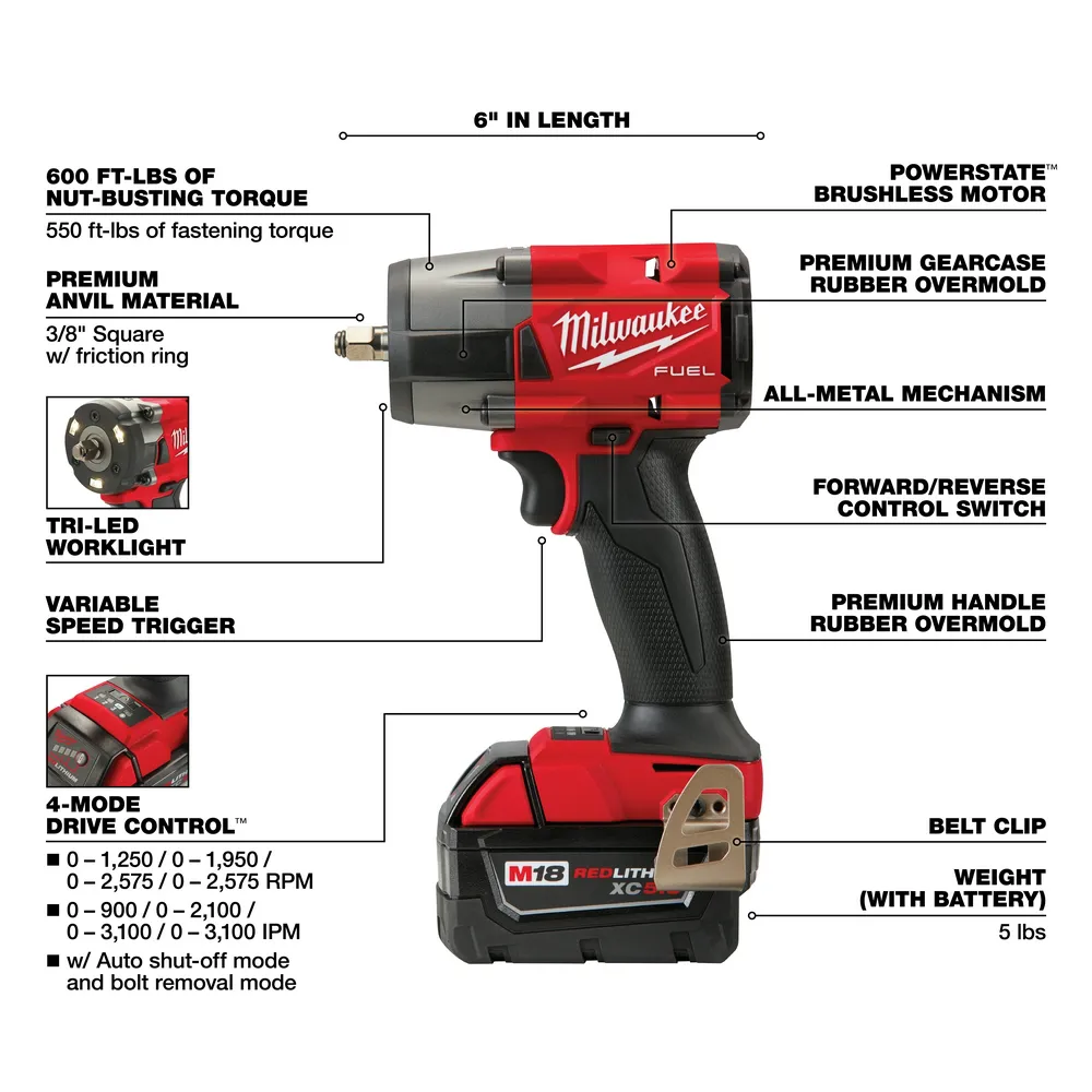Milwaukee M18 Fuel 3/8" Mid-Torque Impact Wrench with Friction Ring Kit