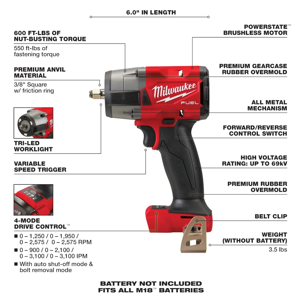 Milwaukee M18 Fuel 3/8" Mid-Torque Impact Wrench with Friction Ring