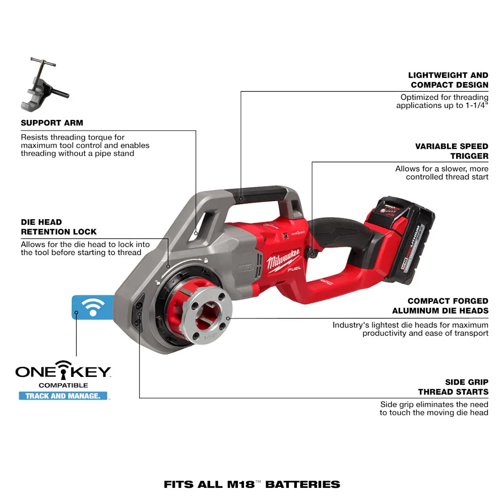 Milwaukee M18 Fuel Compact 1/2"-1-1/4" Alloy NPT Portable Pipe Threading Forged Aluminum Die Head Kit