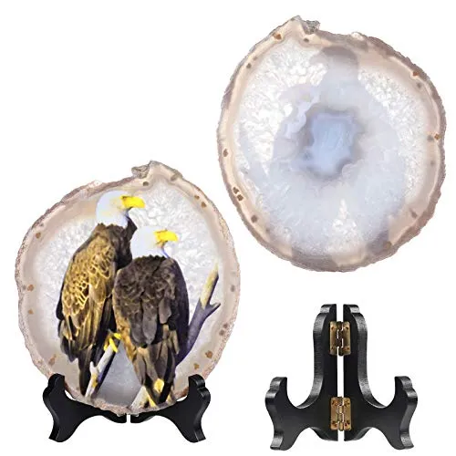 mookaitedecor Natural Agate Slice Art Print Haliaeetus leucocephalus Table Display with Wooden Stand, Irregular Agate Geode Stone Figurine for Office & Home Decoration