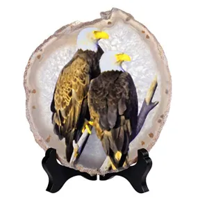 mookaitedecor Natural Agate Slice Art Print Haliaeetus leucocephalus Table Display with Wooden Stand, Irregular Agate Geode Stone Figurine for Office & Home Decoration
