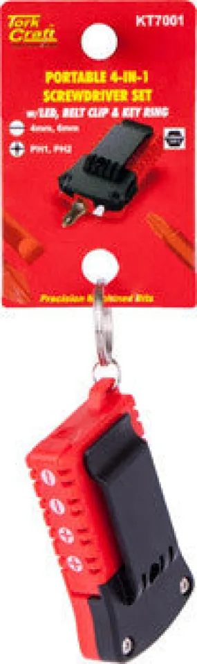 PORTABLE 4-IN-1 SCREWDRIVER SET PH/SL WITH LED;BELT CLIP.KEY RING
