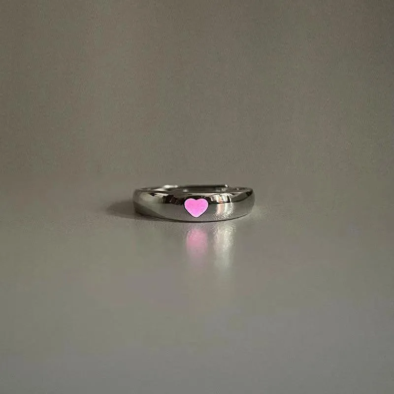 Purpdrank - Love Heart Ring Glow In Dark Fashion Adjustable Couples Rings Silver Color Pink Blue Light Jewelry Gift For Lover