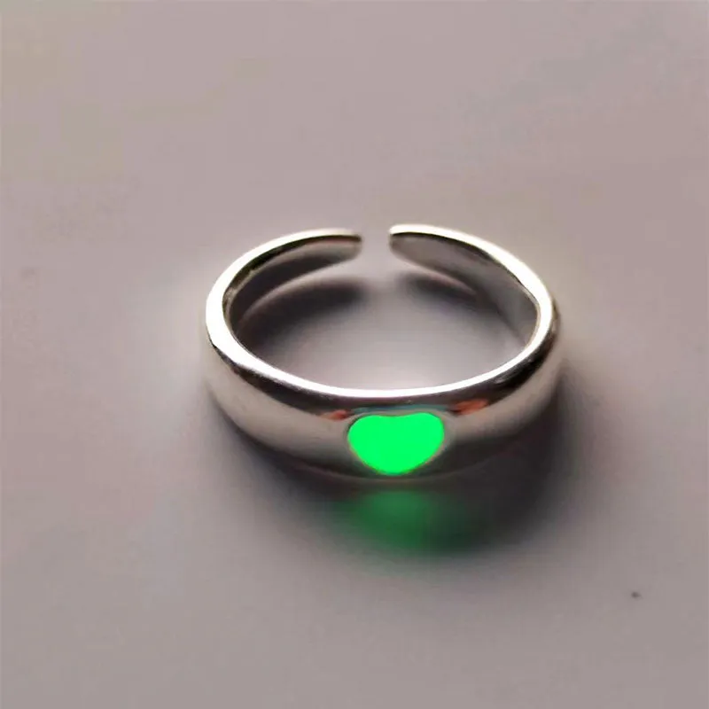 Purpdrank - Love Heart Ring Glow In Dark Fashion Adjustable Couples Rings Silver Color Pink Blue Light Jewelry Gift For Lover