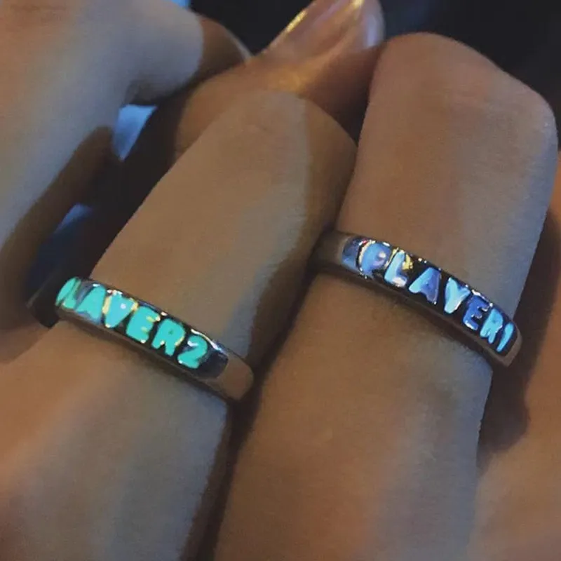 Purpdrank - Love Heart Ring Glow In Dark Fashion Adjustable Couples Rings Silver Color Pink Blue Light Jewelry Gift For Lover