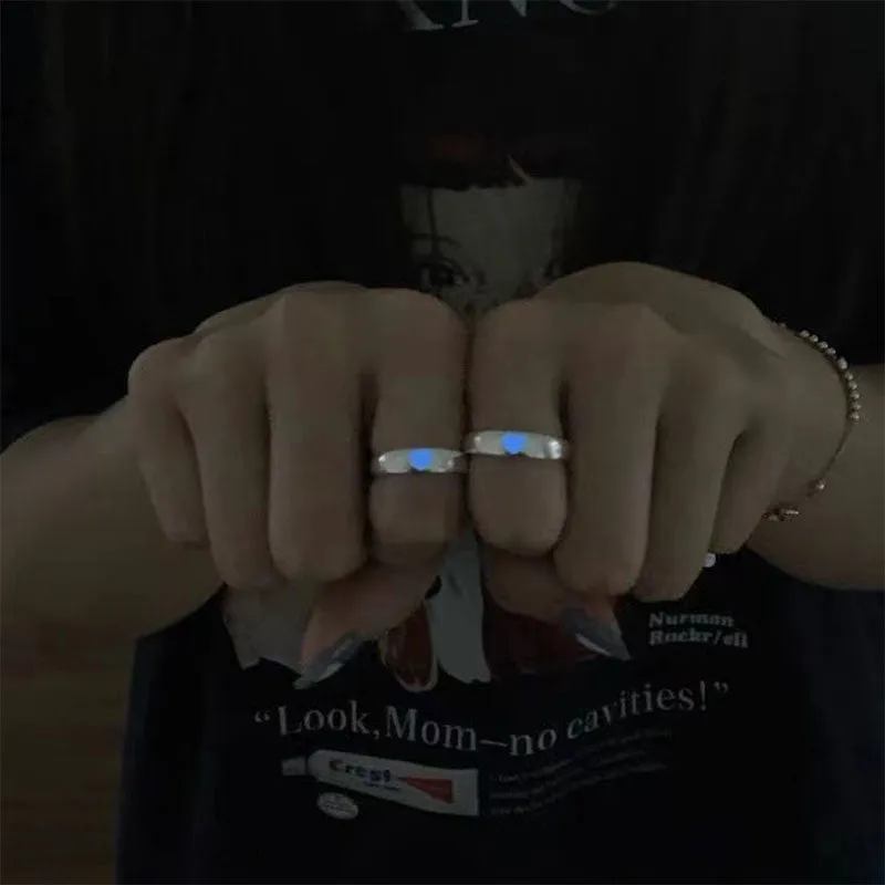 Purpdrank - Love Heart Ring Glow In Dark Fashion Adjustable Couples Rings Silver Color Pink Blue Light Jewelry Gift For Lover