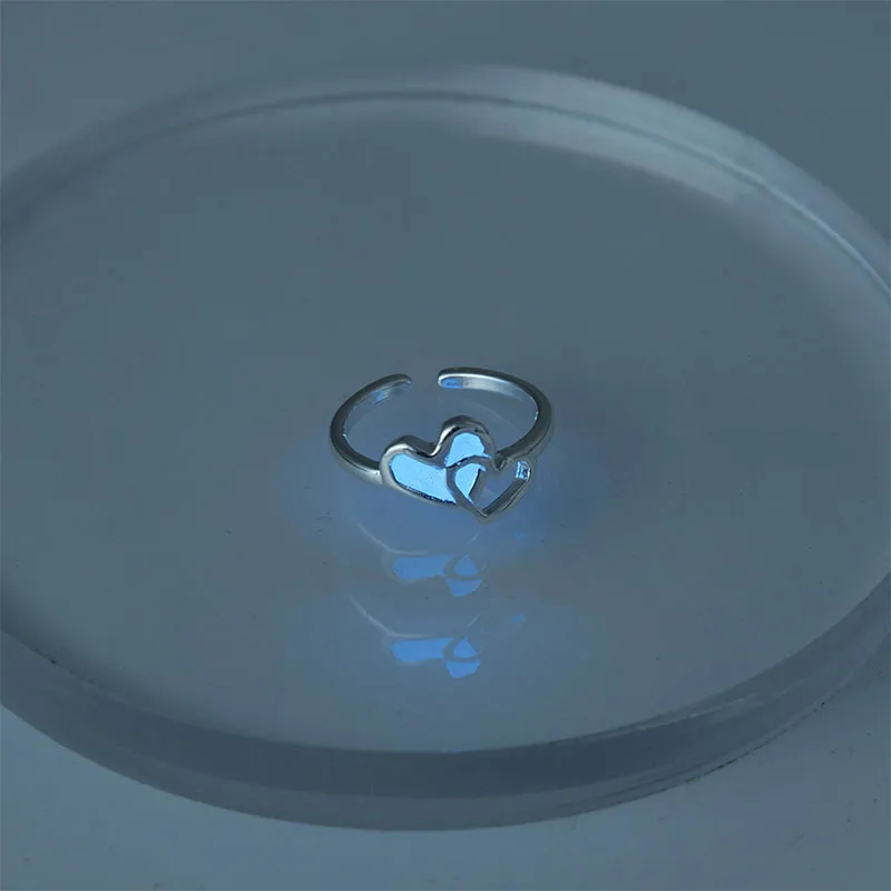 Purpdrank - Love Heart Ring Glow In Dark Fashion Adjustable Couples Rings Silver Color Pink Blue Light Jewelry Gift For Lover