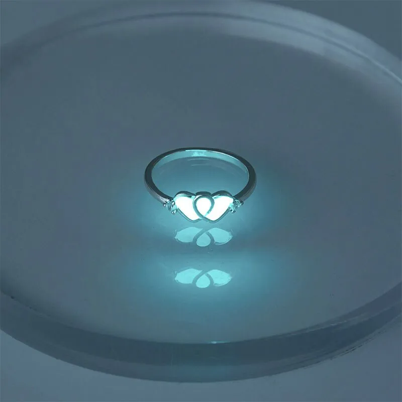 Purpdrank - Love Heart Ring Glow In Dark Fashion Adjustable Couples Rings Silver Color Pink Blue Light Jewelry Gift For Lover
