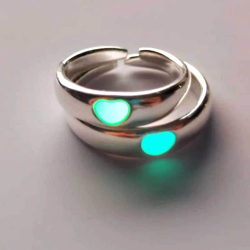 Purpdrank - Love Heart Ring Glow In Dark Fashion Adjustable Couples Rings Silver Color Pink Blue Light Jewelry Gift For Lover
