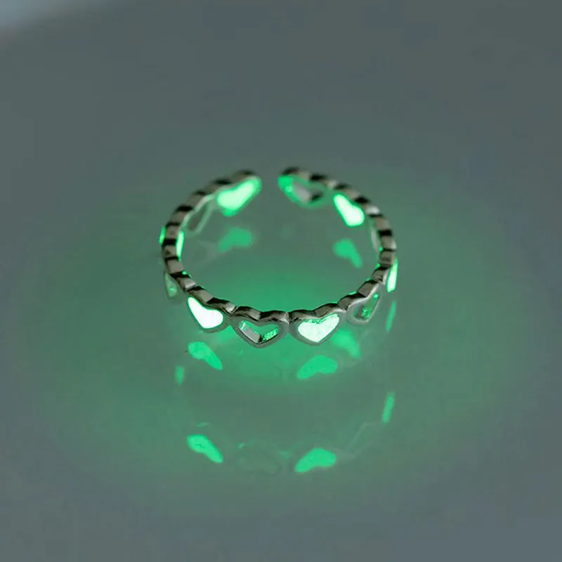 Purpdrank - Love Heart Ring Glow In Dark Fashion Adjustable Couples Rings Silver Color Pink Blue Light Jewelry Gift For Lover