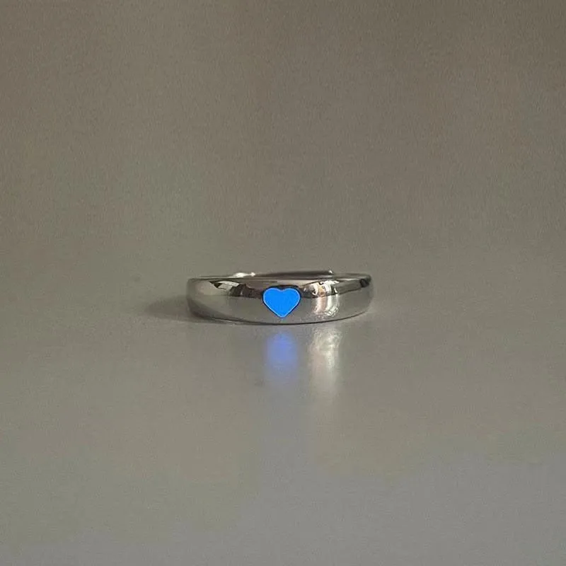 Purpdrank - Love Heart Ring Glow In Dark Fashion Adjustable Couples Rings Silver Color Pink Blue Light Jewelry Gift For Lover