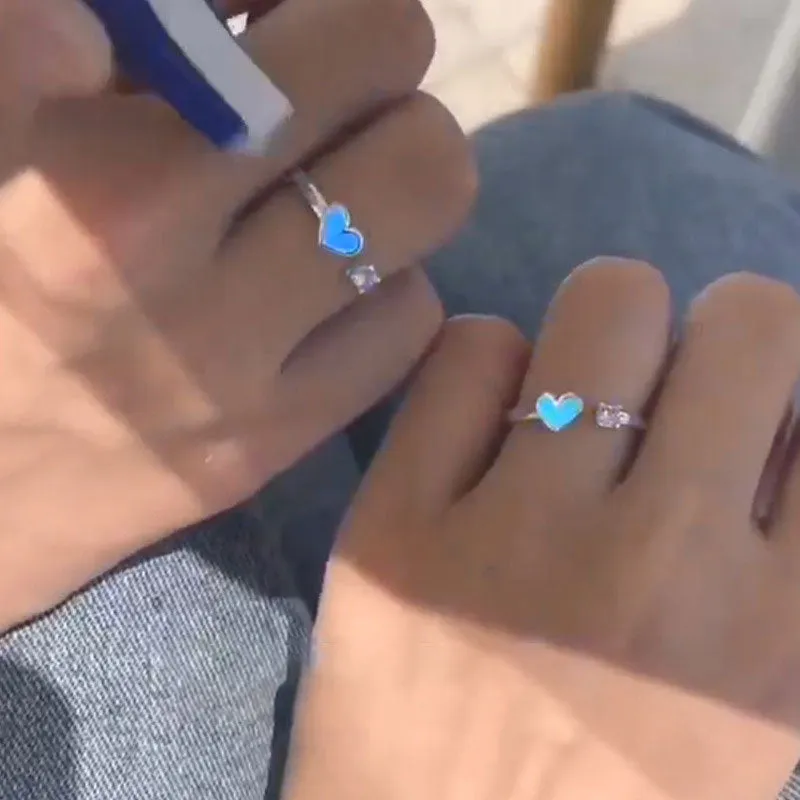 Purpdrank - Love Heart Ring Glow In Dark Fashion Adjustable Couples Rings Silver Color Pink Blue Light Jewelry Gift For Lover