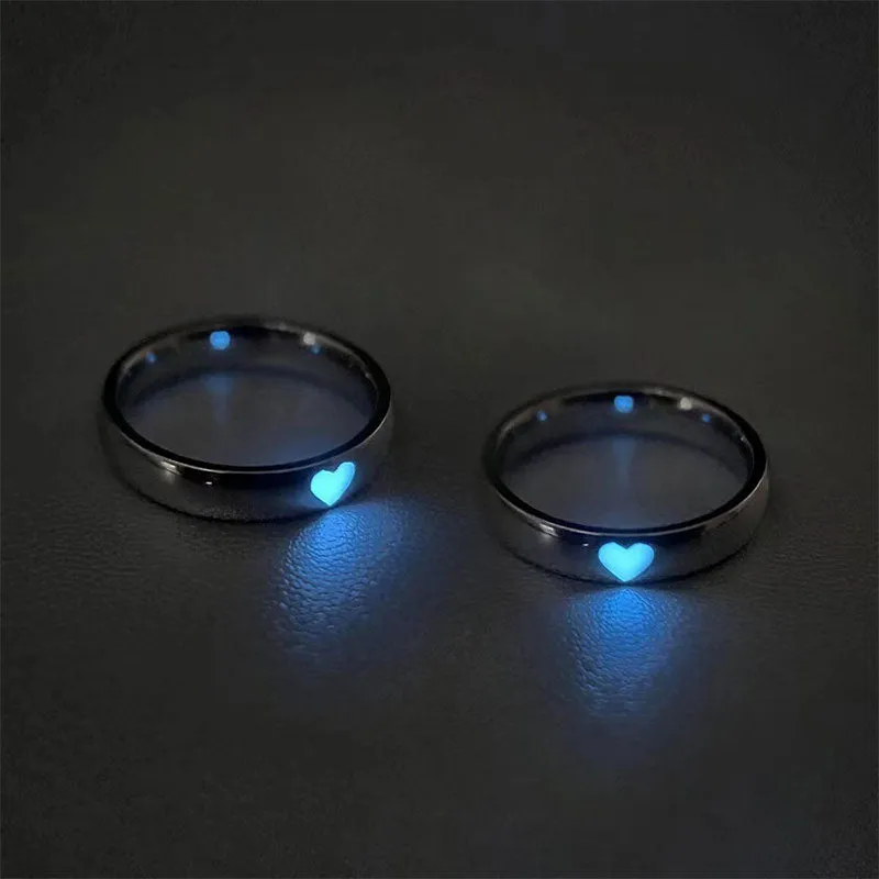 Purpdrank - Love Heart Ring Glow In Dark Fashion Adjustable Couples Rings Silver Color Pink Blue Light Jewelry Gift For Lover