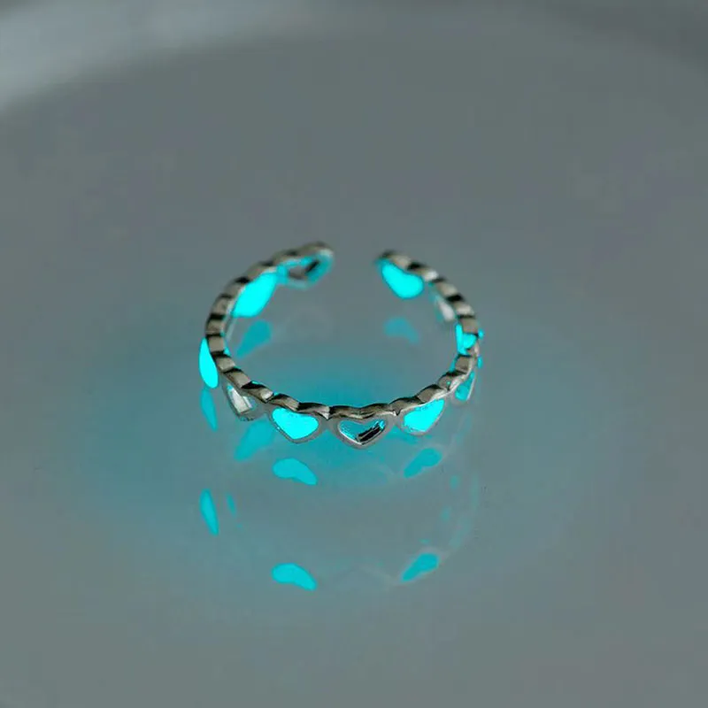 Purpdrank - Love Heart Ring Glow In Dark Fashion Adjustable Couples Rings Silver Color Pink Blue Light Jewelry Gift For Lover