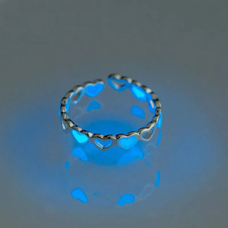Purpdrank - Love Heart Ring Glow In Dark Fashion Adjustable Couples Rings Silver Color Pink Blue Light Jewelry Gift For Lover