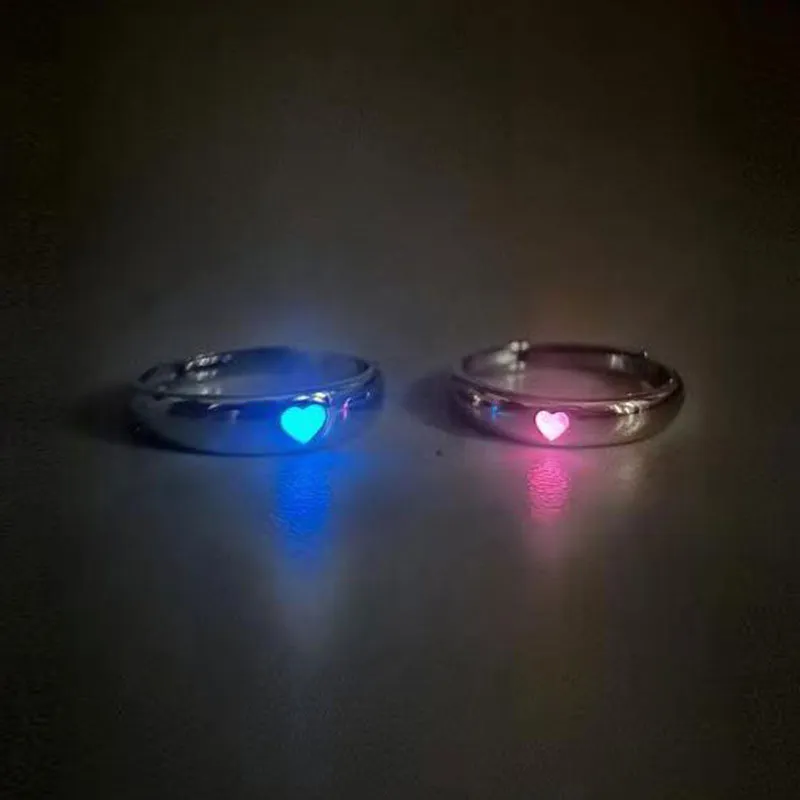 Purpdrank - Love Heart Ring Glow In Dark Fashion Adjustable Couples Rings Silver Color Pink Blue Light Jewelry Gift For Lover