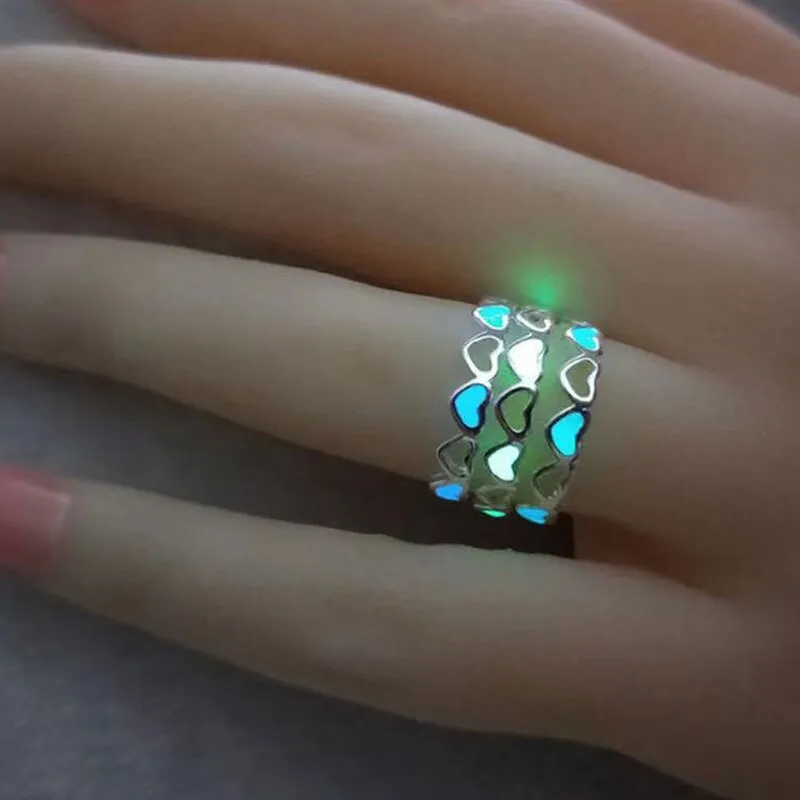 Purpdrank - Love Heart Ring Glow In Dark Fashion Adjustable Couples Rings Silver Color Pink Blue Light Jewelry Gift For Lover
