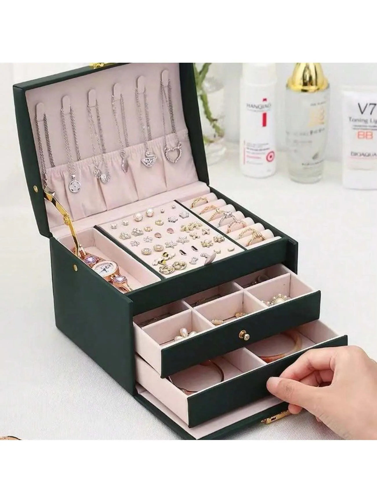 Reriti Three Layer Leather Drawer Style Jewelry Box - Green